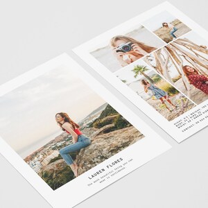 Può includere: Due carte con foto di una giovane donna. La prima carta presenta una singola foto della donna seduta su uno scoglio con vista su una città. La seconda carta presenta un collage di sei foto della donna in diverse pose e luoghi. Il testo sulla prima carta recita "Lauren Flores. La cosa più bella che puoi essere è te stessa." Il testo sulla seconda carta recita "Non aver paura di essere la ragazza che vuoi essere. E se infrangessi le regole? Contattami al 555 555 5555 www.lauren.com".