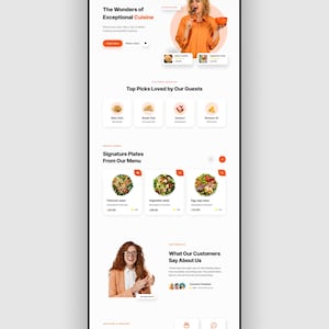 May include: A website design for a restaurant, featuring the text "The Wonders of Exceptional Cuisine." The page includes sections for top picks, signature plates, customer testimonials, and services offered.