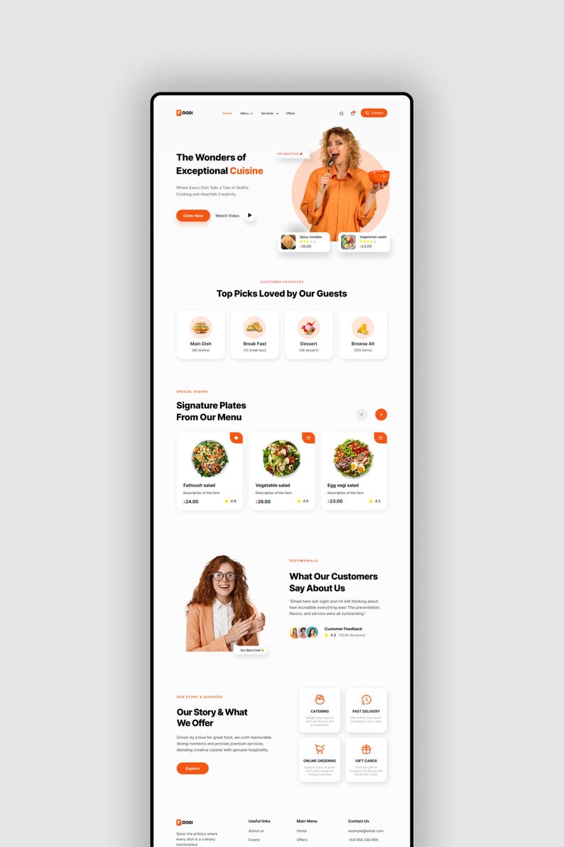 May include: A website design for a restaurant, featuring the text "The Wonders of Exceptional Cuisine." The page includes sections for top picks, signature plates, customer testimonials, and services offered.