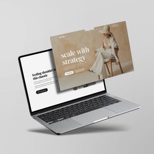 May include: A silver laptop with a black keyboard displays a website interface. The screen shows the text "Scaling shouldn't feel this chaotic." A second screen floats above, featuring a person in white clothing and the words "scale with strategy."