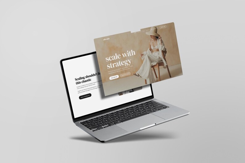 May include: A silver laptop with a black keyboard displays a website interface. The screen shows the text "Scaling shouldn't feel this chaotic." A second screen floats above, featuring a person in white clothing and the words "scale with strategy."