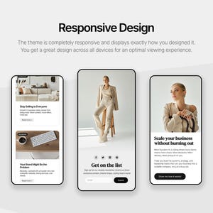 Puede incluir: Tres tel&eacute;fonos inteligentes muestran dise&ntilde;os de sitios web. El texto "Responsive Design" est&aacute; en la parte superior. El tema es completamente receptivo y muestra exactamente c&oacute;mo lo dise&ntilde;&oacute;. El texto "Get on the list" tambi&eacute;n es visible.