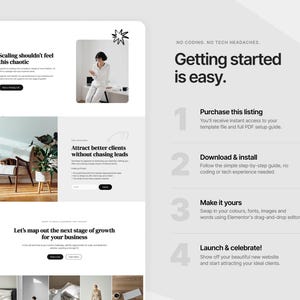 Puede incluir: Un dise&ntilde;o de plantilla de sitio web con una est&eacute;tica limpia y moderna. El dise&ntilde;o presenta un fondo blanco con texto e im&aacute;genes en negro. El texto incluye frases como "Getting started is easy" y "Attract better clients." El dise&ntilde;o es para un negocio.