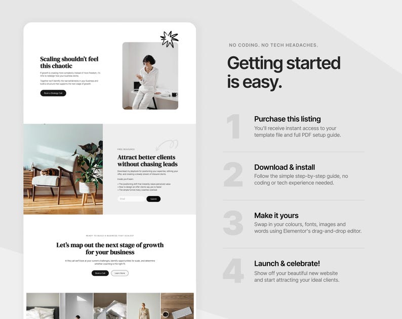 Puede incluir: Un dise&ntilde;o de plantilla de sitio web con una est&eacute;tica limpia y moderna. El dise&ntilde;o presenta un fondo blanco con texto e im&aacute;genes en negro. El texto incluye frases como "Getting started is easy" y "Attract better clients." El dise&ntilde;o es para un negocio.