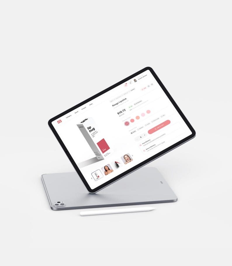 May include: A silver tablet displaying a lipstick product page with a white stylus below. The product page shows a lipstick box with the text "lip hug" and a red accent. The page also shows lipstick color options and model images.