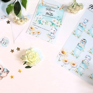 Allestimento/coordinato battesimo, tema animaletti , kit, partecipazione, tableau, segna tavolo, menù, tag rotondo