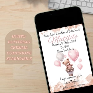 INVITO DIGITALE per battesimo per bimba rosa con orsetta , invito compleanno, cresima o prima comunione personalizzabile