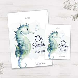 Protège carnet et carnet de vaccination U personnalisé avec prénom / cadeau naissance / sous marin / hippocampe / mer / aquarelle / océan / hippocampe
