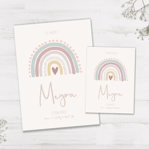 Protège livret et carnet de vaccination U personnalisé avec prénom / cadeau naissance / arc-en-ciel / bohème / aquarelle / arc-en-ciel / rose pastel / bébé
