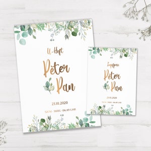 Protège livret et carnet de vaccination U personnalisé avec prénom/cadeau de naissance/bohème/feuille/fleuri/vert/feuilles/rêveur/doré