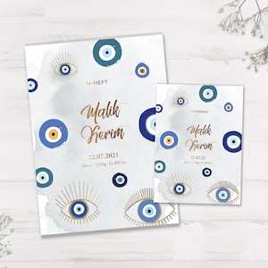 Protège carnet et carnet de vaccination U personnalisé avec prénom / cadeau naissance / Nazar / Nazareye / EvilEye / Bleu / Oriental / Turc / Oeil