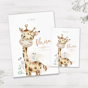 Protège carnet et carnet de vaccination U personnalisé avec prénom / cadeau naissance / girafe / jaune / fille / safari / aquarelle / garçon