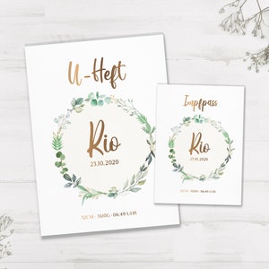 Protège livret et carnet de vaccination U personnalisé avec prénom/cadeau de naissance/bohème/feuille/fleuri/vert/feuilles/rêveur/doré