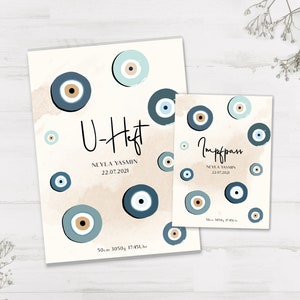 Protège carnet et carnet de vaccination U personnalisé avec prénom / cadeau naissance / Nazar / Nazareye / EvilEye / Bleu / Oriental / Turc / Oeil