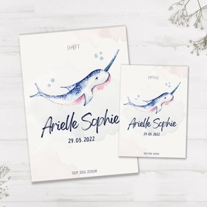 U livret et protège carnet de vaccination personnalisé avec prénom / cadeau naissance / sous marin / licorne des mers / mer / aquarelle / océan / dauphin