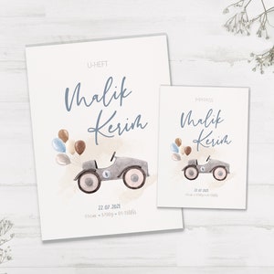 Protège carnet et carnet de vaccination U personnalisé avec prénom/cadeau de naissance/vintage/rétro/voiture/ballon/pilote/oldtimer/garçon/bleu