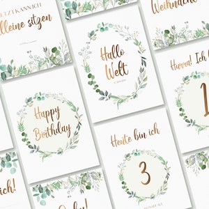 32 Baby Meilensteinkarten / Milestone cards/Personalisiert / Babykarte / Geschenkidee zur Geburt / Gold Grün / Deutsch / Türkisch / Babyfoto