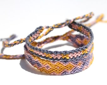 Set of 2 Friendship Bracelets, Adjustable, String Bracelets, FREE SHIPPING, Yellow, Pink, Grey