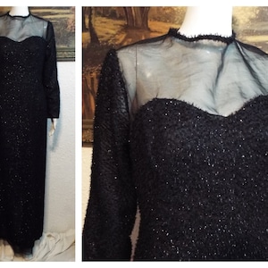 Vintage 80s Black Sparkle Evening Dress Sheer Sleeves Long Formal Gown