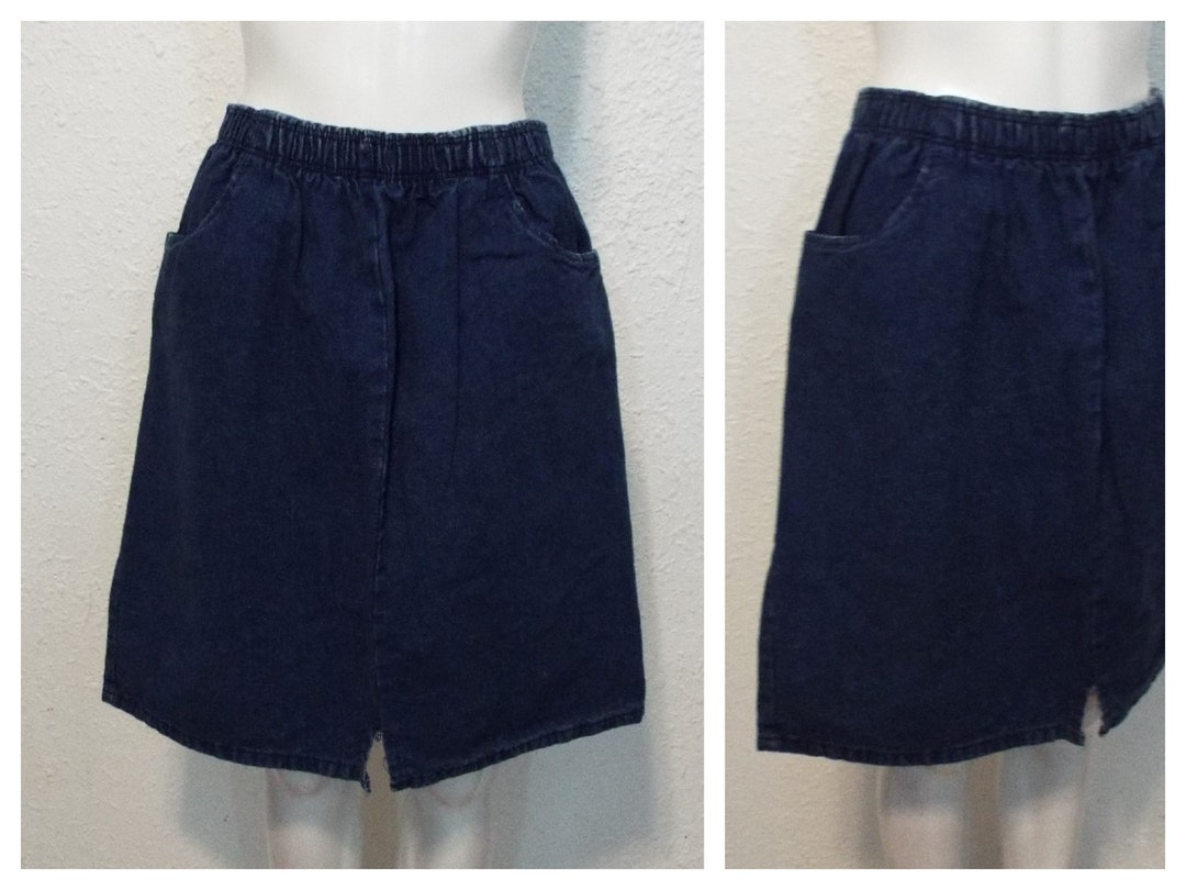 Vintage 90s Denim Skirt – Elastic Waist & Pockets - Etsy