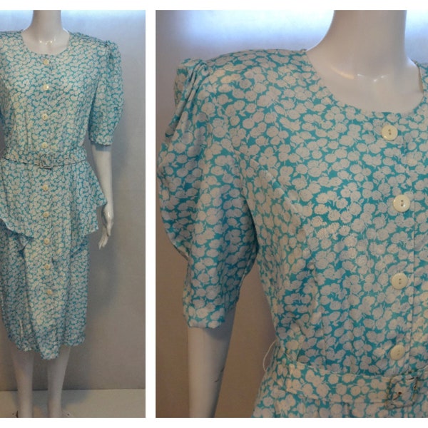 Vintage 80er Jahre JB TOO Blau Weißes Blumen Kleid Gr. 12 mit Gürtel