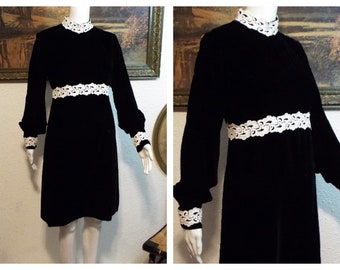 1970s Black Velvet Dress White Lace empire Waist Vintage Dress