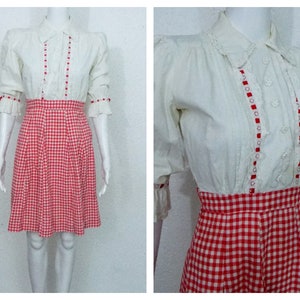Vestido xadrez vermelho vintage dos anos 1950 – XS estilo festa de piquenique rockabilly