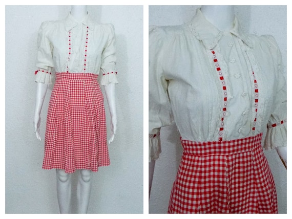 Vintage 50s Dress Red Checkered Dress XSmall - image 1