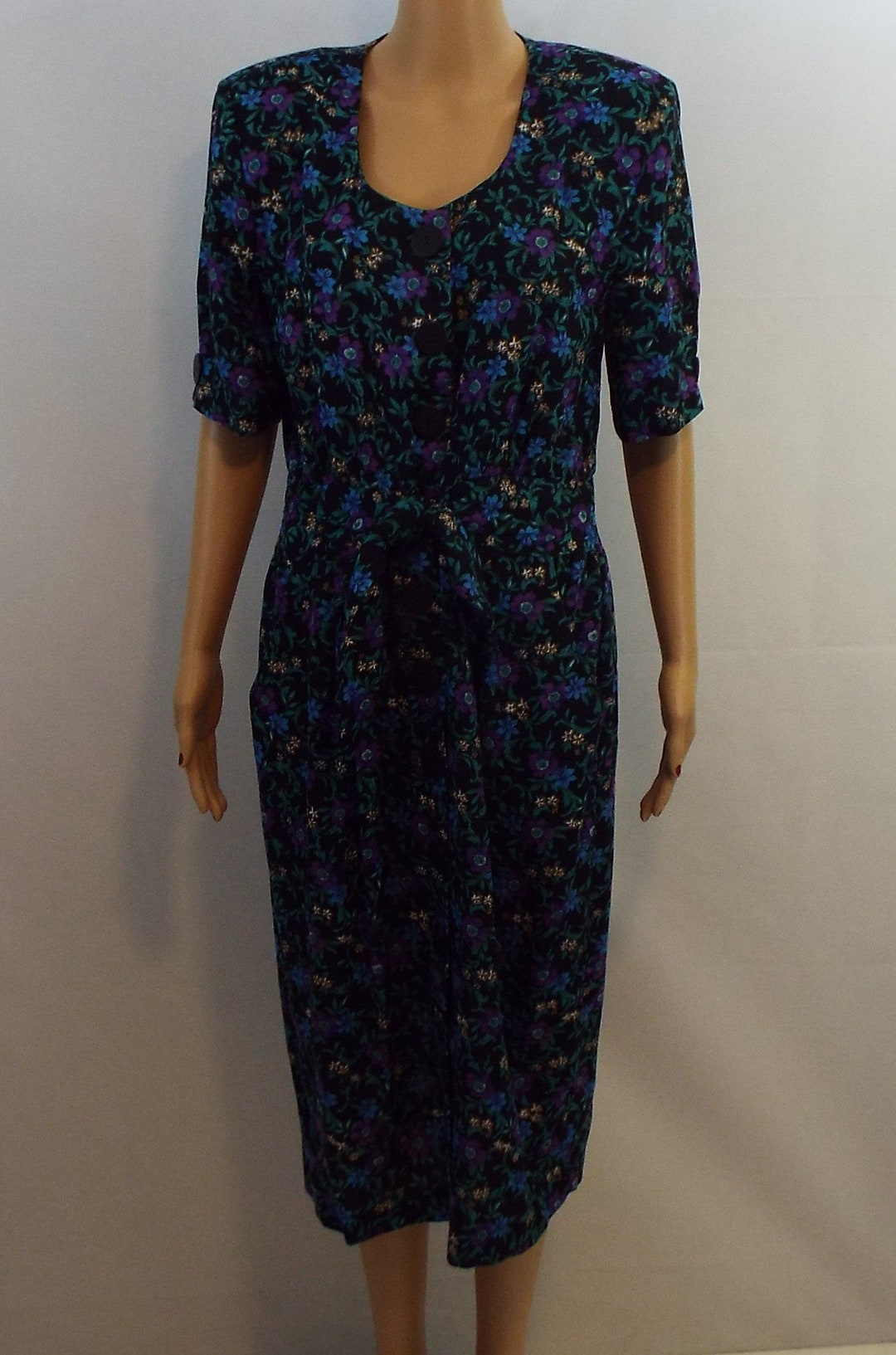 Vintage 80s 90s Black and Blue Floral Print Short Sleeve Dress - Etsy