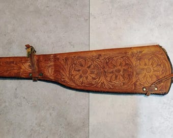 Funda de rifle de cuero repujado vintage – 86 x 24 cm – Pieza de coleccionista