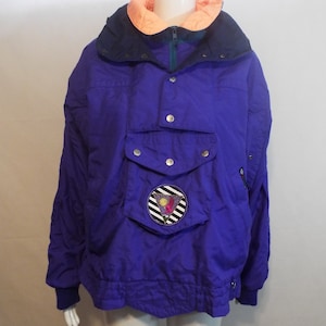 Vintage 80er Jahre Skijacke – Lila Pullover, Unisex, verstürzte Kapuze, Größe L/XL