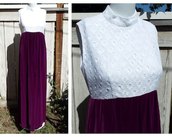 1970s Vintage Royal Purple Velvet Maxi Dress – Empire Waist, Mock Neck