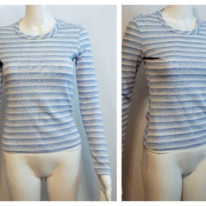 Vintage 70s Blau&Weißes Langarm Top – Größe XS-S – Bevs Threads