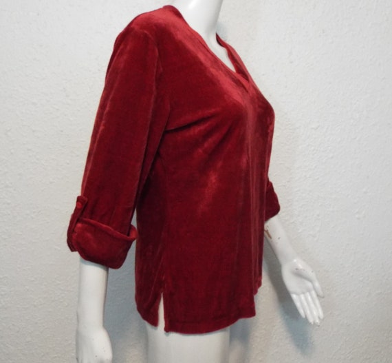 Vintage 80s Blouse Red Velour Blouse Medium 80s A… - image 3