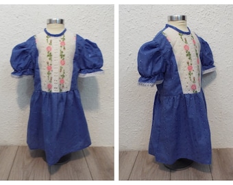 Vintage cottagecore-jurk voor meisjes – blauw-witte jurk met pofmouwen (maat 3T)