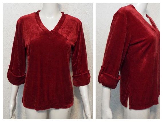 Vintage 80s Blouse Red Velour Blouse Medium 80s A… - image 1