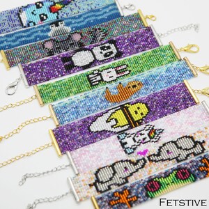 May include: A set of colorful beaded bracelets with various cartoon animal designs. The bracelets are made with small, colorful beads and feature a variety of animals, including a panda, a sloth, a unicorn, and an elephant. Each bracelet has a gold clasp and a silver chain.