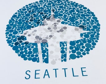 Aguja espacial azul y blanca de Seattle Daltónico
