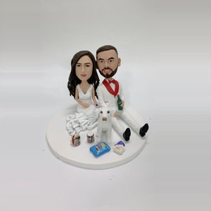 Relax wedding cake toppers, wedding gifts with dog/cat(pets), bride and groom hold beer bottles with chips crisp packets & playing cards
