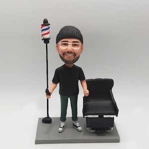 Custom Bobblehead Male Barber, Barber gifts,  Barber in seat and apron woth barber pole,birthday gifts，Surprise gift,Anniversary gift.