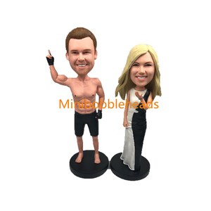 Handmade Custom, custom Boxing man and black white beauty woman Bobble Head,   Polymer Clay Bobbleheads, Wedding Cake Toppers,wedding gift