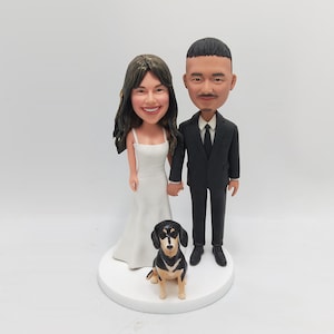 Custom Made Wedding Cake Topper with Bride, Groom & Pet Dog - Personalized Keepsake for Your Special Day