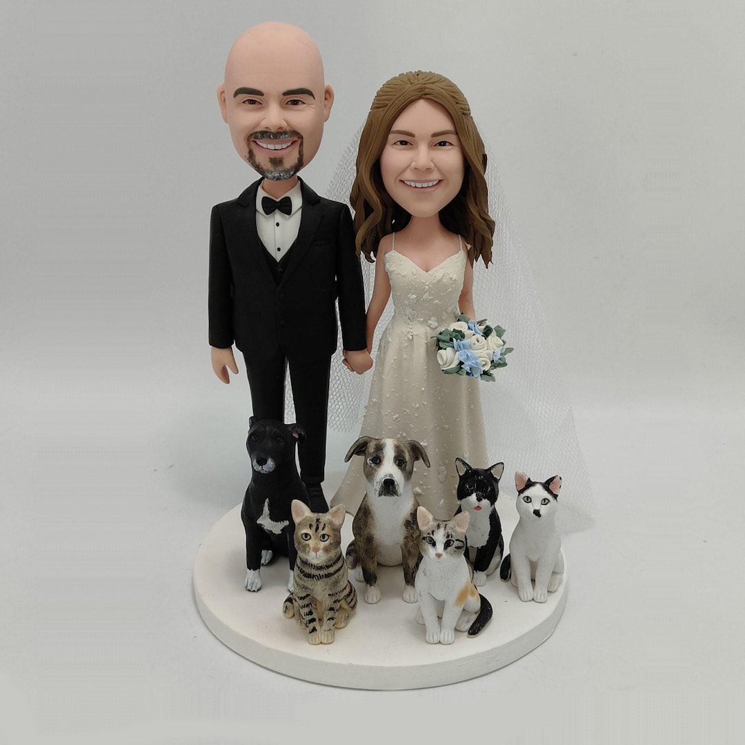 Handmade Wedding Cake Topper Set ,bride & Groom With Dogs and Cats ...