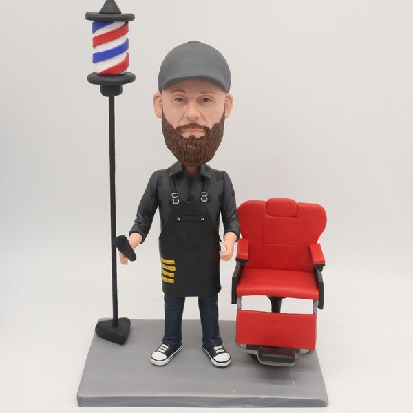 Custom Bobblehead Male Barber, Barber gifts,  Barber in seat and apron woth barber pole,birthday gifts
