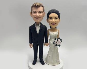Custom Wedding Cake Topper Bobbleheads, Handmade Polymer Clay Couple Figurine