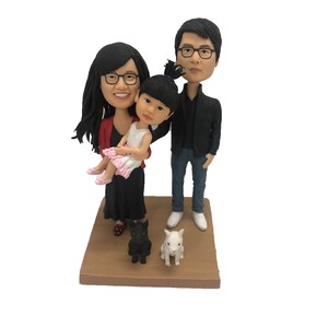 Bobbleheads couple with children rabbits,Wedding bobblehead cake topper,custom bobble head,Anniversary bobblehead,wedding gift with dog/pets