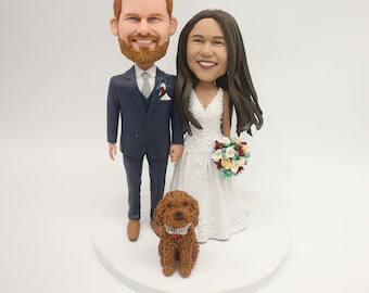 Cabeza de bobble de pareja personalizada, pareja de bobblehead, adorno de pastel de boda de bobblehead, regalos de boda con perro/gato (mascotas)