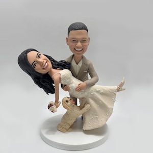 Custom Wedding Cake Topper Figurine - Bride & Groom with Pet Dog - Personalized Resin Couple Statue - Handmade Anniversary Gift