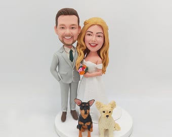 Wedding cake topper, custom couple bobble head, bobblehead couple,bobblehead wedding gifts with dog/cat(pets)