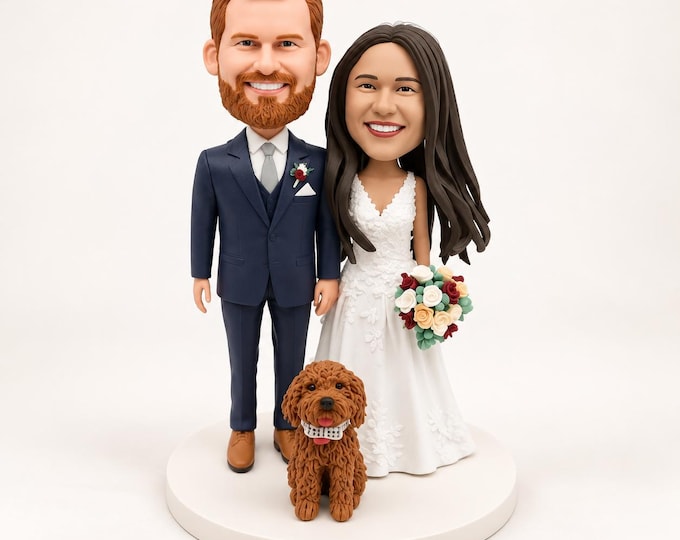 Custom Wedding Cake Topper, Couple Bobblehead From Photo, Polymer Clay Figurine with Optional Pet